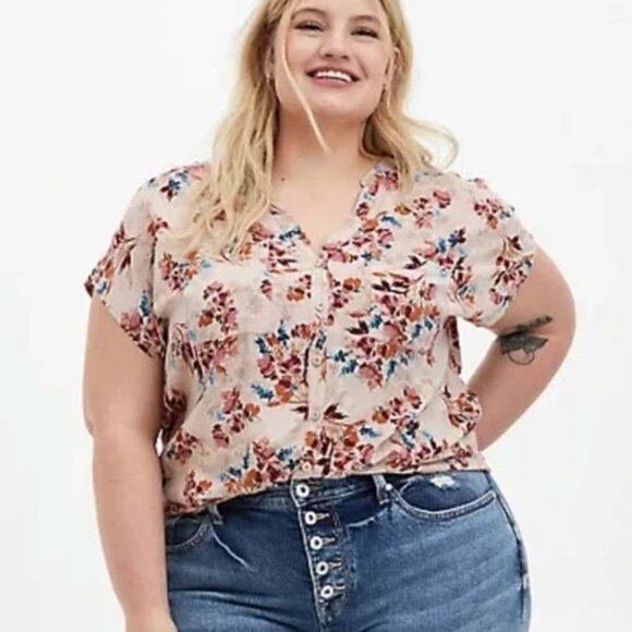 torrid Tops - Torrid 00 Taupe Floral Challis Button Front Dolman Sleeve Shirt Top Plus Size